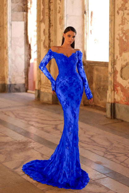 Lussooy Amazing Long Sleeves Black Lace Off the Shoulder Mermaid Prom Dress with Pleated