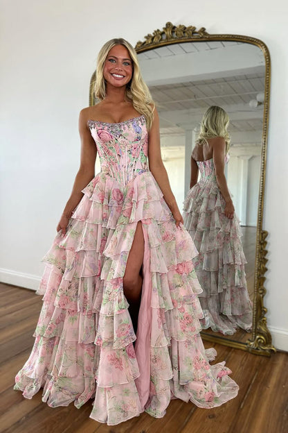 Pink Floral Printed Chiffon Strapless Corset Ruffle Tiered Long Prom Dresses with Beading