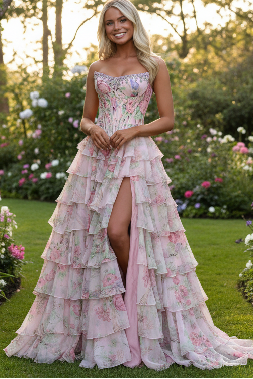 Pink Floral Printed Chiffon Strapless Corset Ruffle Tiered Long Prom Dresses with Beading