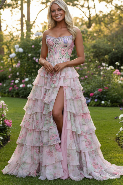 Pink Floral Printed Chiffon Strapless Corset Ruffle Tiered Long Prom Dresses with Beading