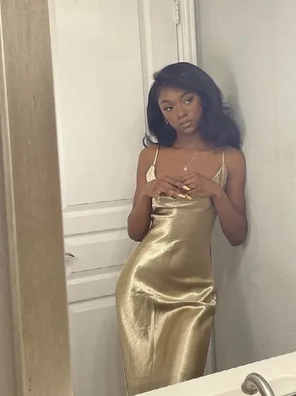 Gold Square Neck Straps Backless Black Girl Long Party Dress