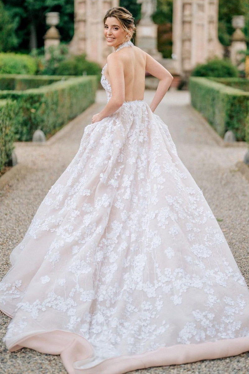 Romantic A-Line Halter Tulle Appliques Wedding Dresses