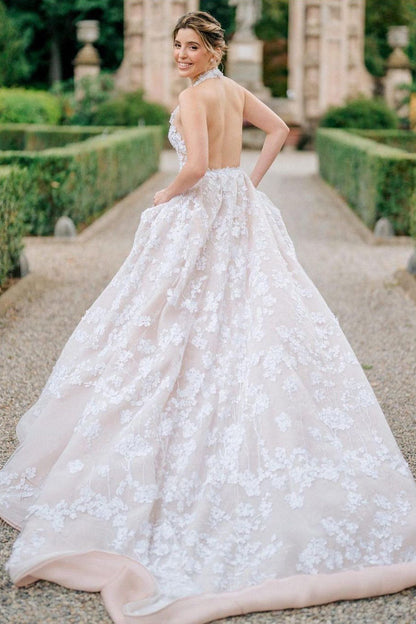 Romantic A-Line Halter Tulle Appliques Wedding Dresses