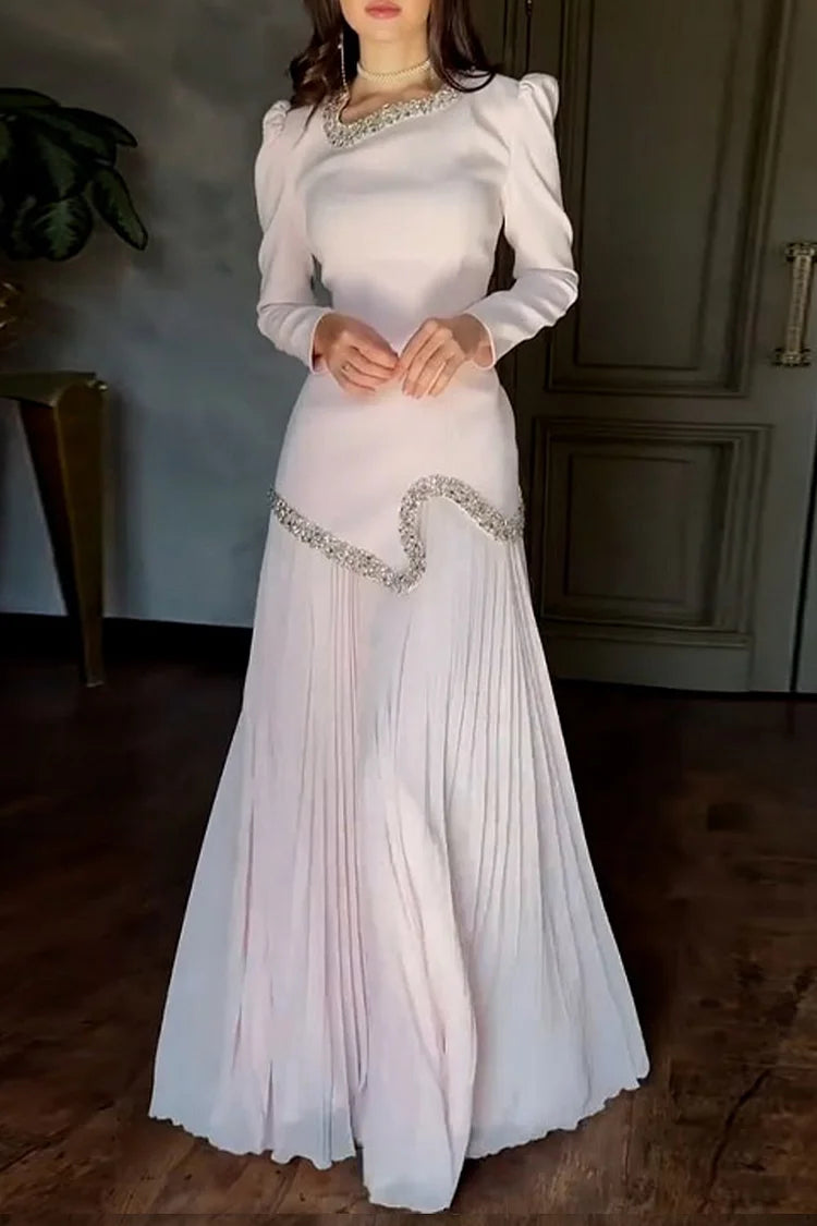 Rhinestone Beads Decor Lace Up Patchwork Pleated Chiffon Party Maxi Dresses