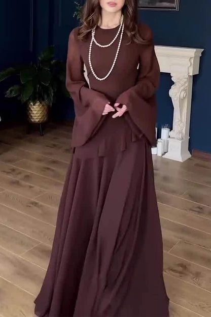 Round Neck Long Sleeve Ruffle Trim Lace Up Solid Color Maxi Dresses