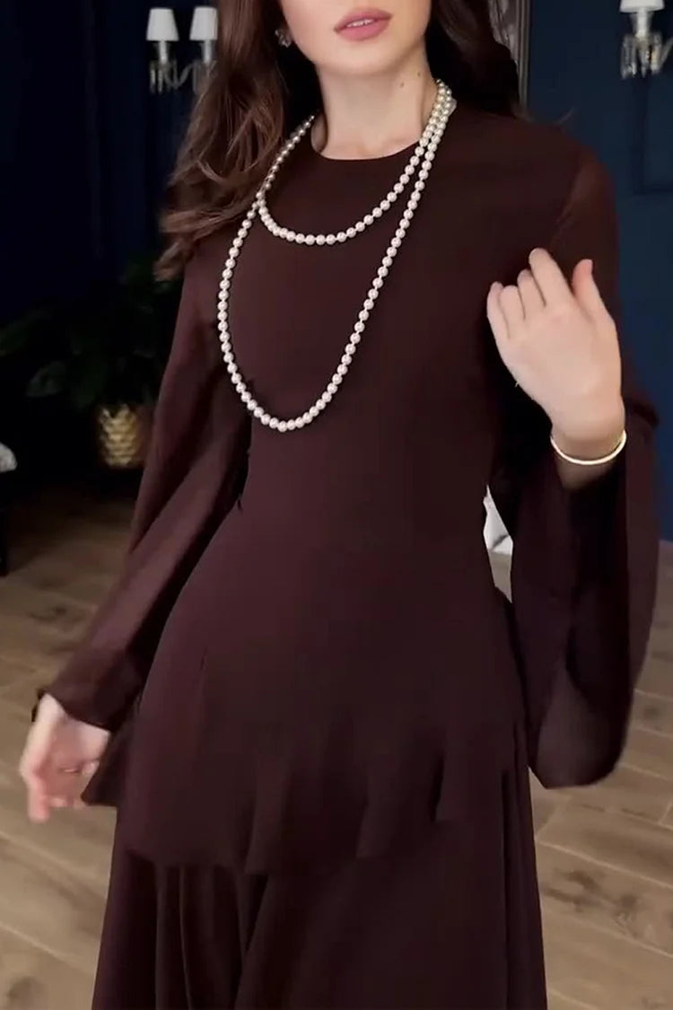 Round Neck Long Sleeve Ruffle Trim Lace Up Solid Color Maxi Dresses