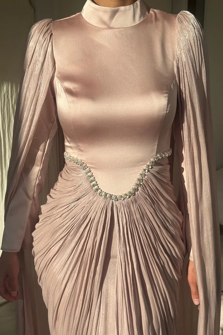 Rhinestone Cape Sleeve Ruched High Neck Party Maxi Dresses