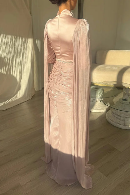 Rhinestone Cape Sleeve Ruched High Neck Party Maxi Dresses