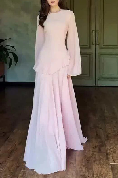 Round Neck Long Sleeve Ruffle Trim Lace Up Solid Color Maxi Dresses