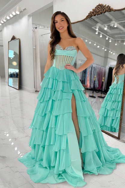 A-Line Sweetheart Mint Ruffle Tiered Chiffon Beads Long Prom Dresses with Slit