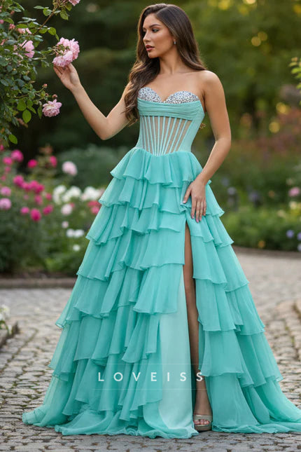 A-Line Sweetheart Mint Ruffle Tiered Chiffon Beads Long Prom Dresses with Slit