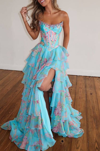 Charming A-Line Strapless Print Ruffles Sleeveless Long Prom Dress