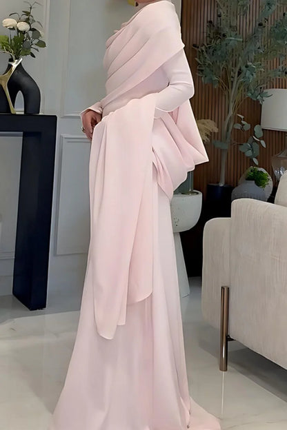 Pleated Draped Cape Long Train High Neck Long Sleeve Maxi Dresses-Pink