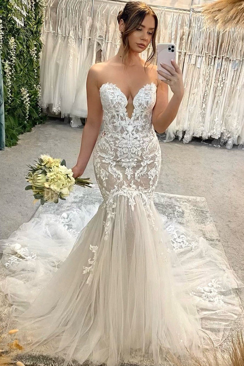 Sexy Mermaid Sweetheart Tulle Wedding Dresses with Appliques