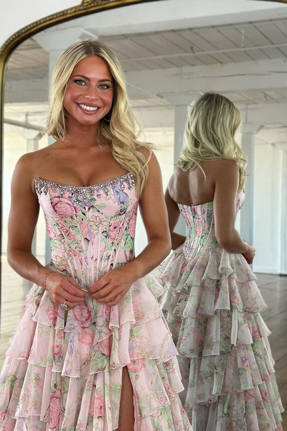 Pink Floral Printed Chiffon Strapless Corset Ruffle Tiered Long Prom Dresses with Beading