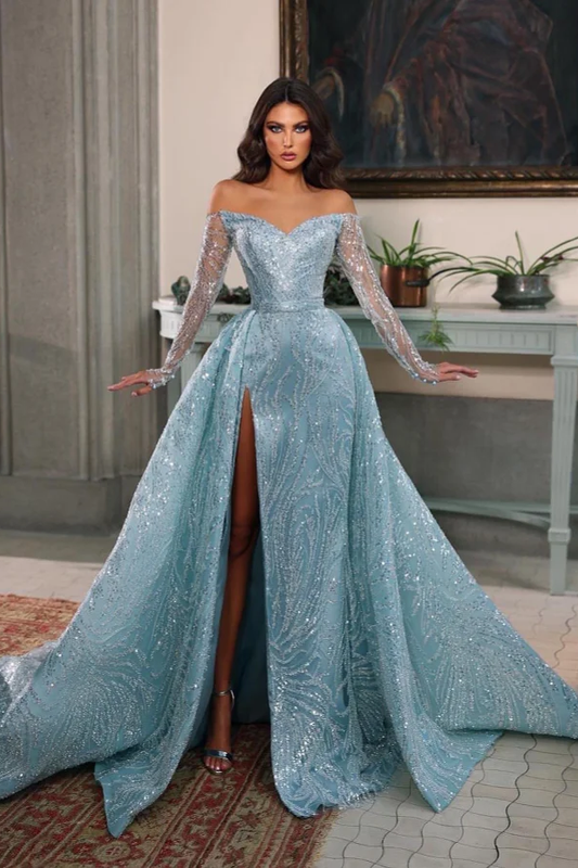 Stunning Off the Shoulder A-Line Split Prom Dress with Beadings