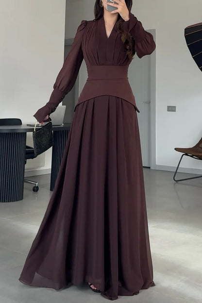 Pleated V Neck Puff Shoulder Long Sleeve Party Maxi Dresses