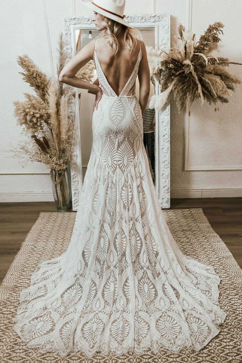 Boho Mermaid V Neck Lace Long Wedding Dresses