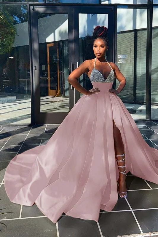 Glamorous Yellow Sequins V-Neck A-Line Prom Dress  Sleeveless With Split