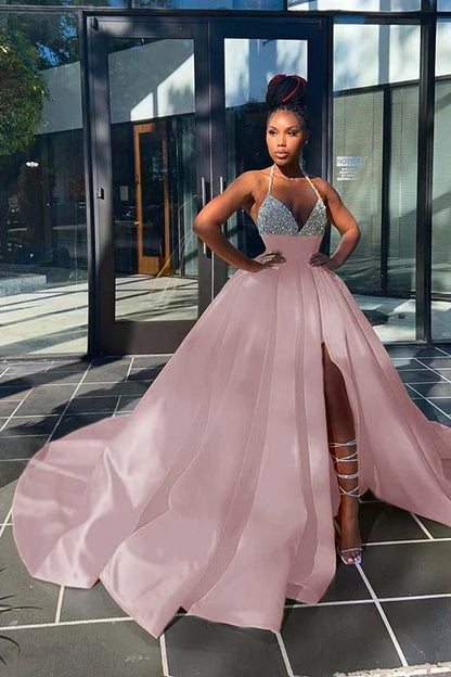 Glamorous Yellow Sequins V-Neck A-Line Prom Dress  Sleeveless With Split