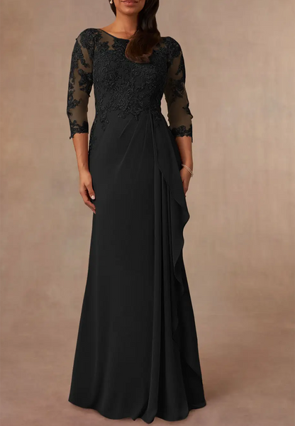 Scoop Appliques Half Sleeves Chiffon Sheath Mother of Bride Dress