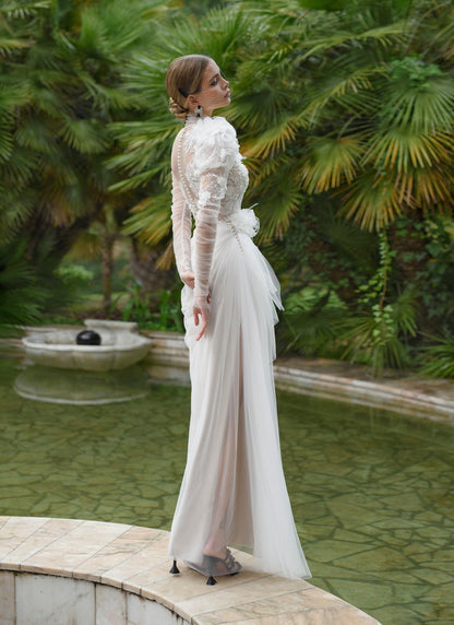 Extravagant Long Ruffled Sleeves Feather decorated Mock-neck High neck Side slit skirt Floor length no train A-line wedding dress