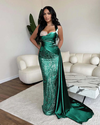 Elegant One Shoulder Mermaid Sequins Evening Dress Ball Gown With Ruffles