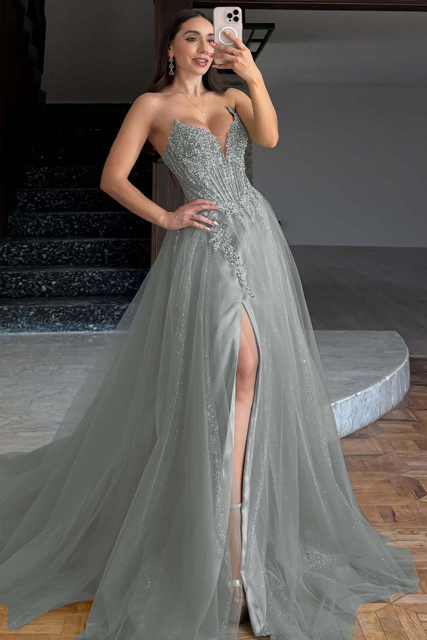 Lussooy Green Sleeveless Front Split Mermaid Prom Dress With Sweetheart Sequins