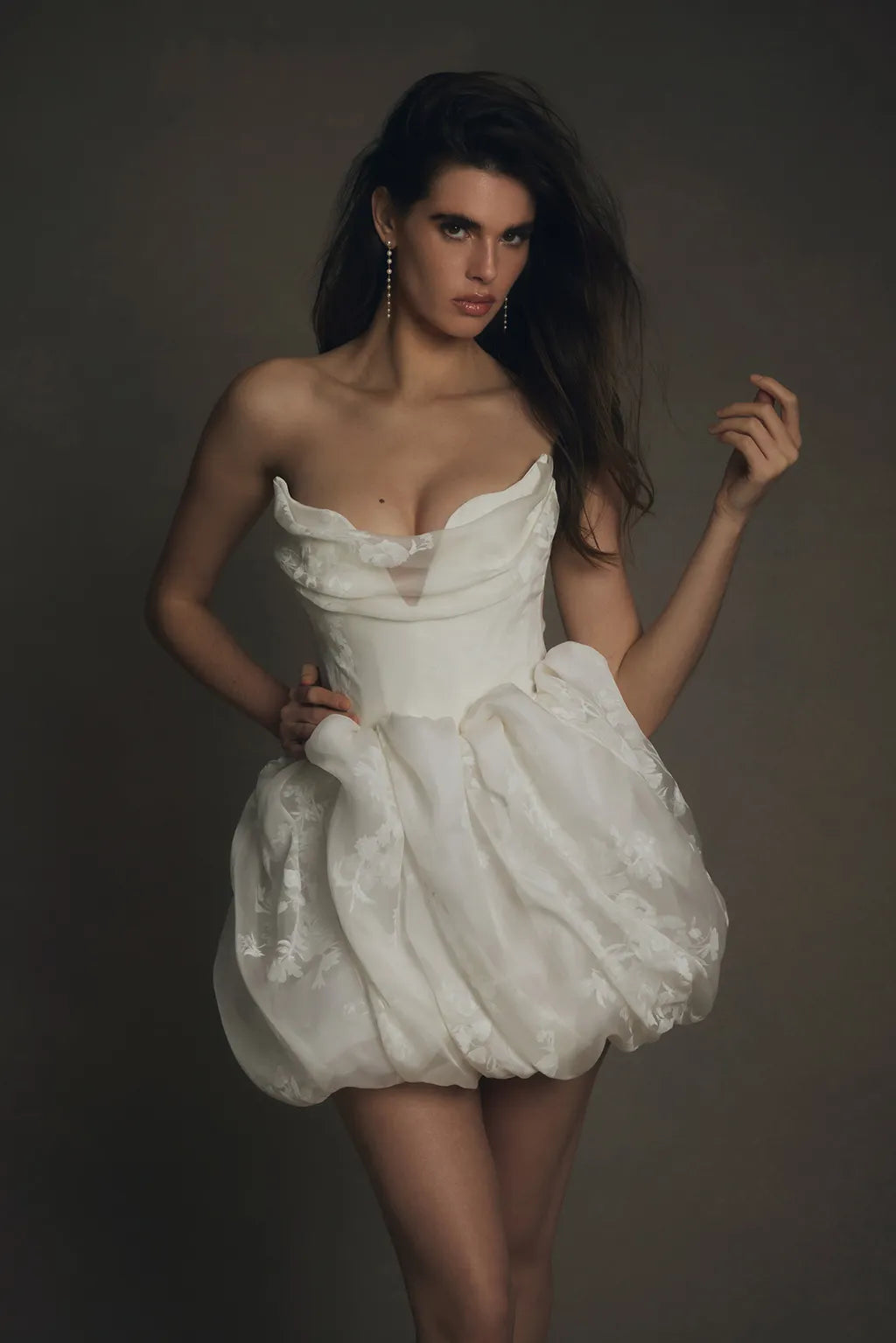 White V-neck organza bridal a-line wedding mini dress
