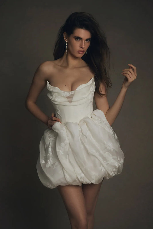 White V-neck organza bridal a-line wedding mini dress