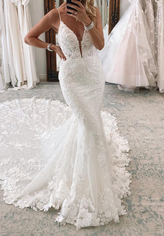 deep v neck lace mermaid wedding dresses