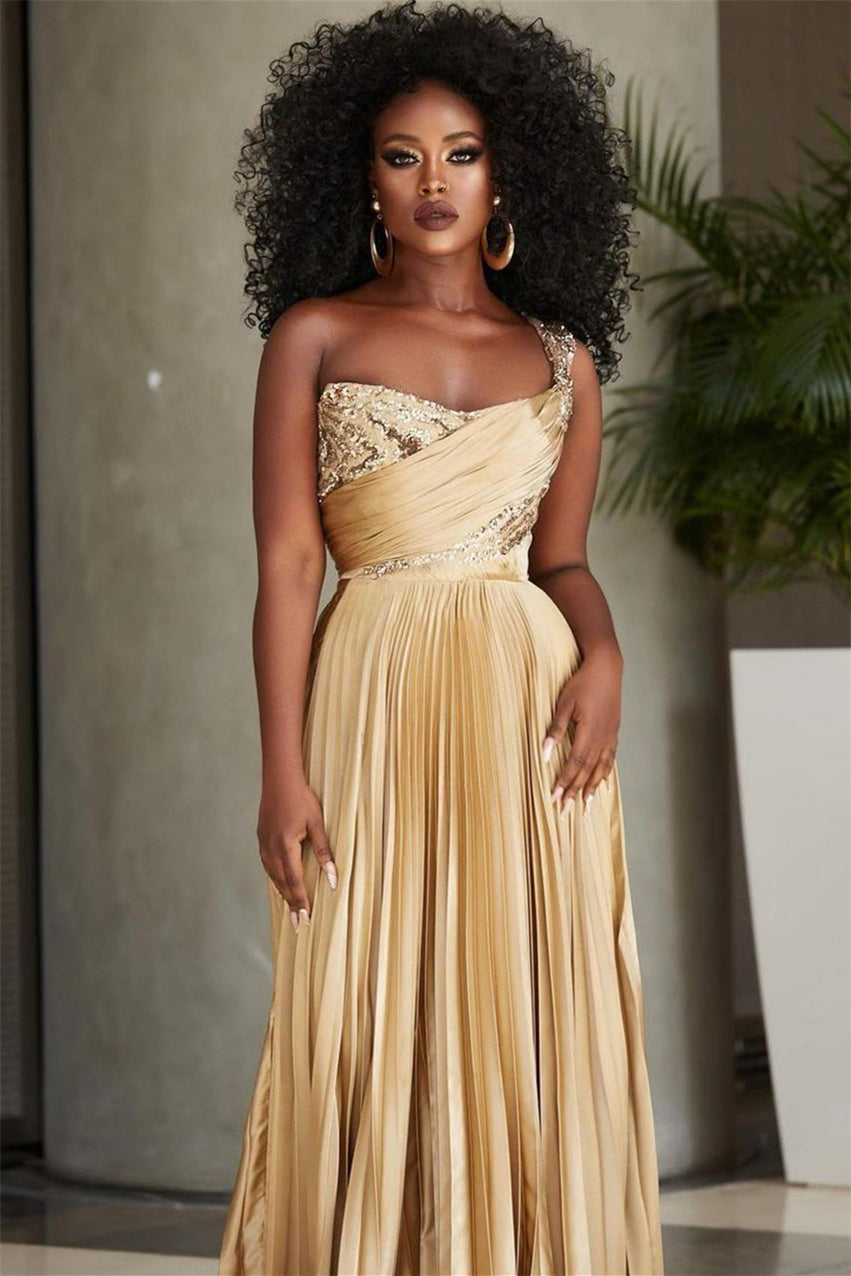 Designer A-line One Shoulder Sequined Prom Dress With Slit