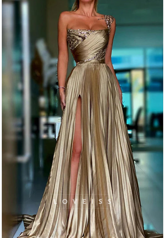 Designer A-line One Shoulder Sequined Prom Dress With Slit