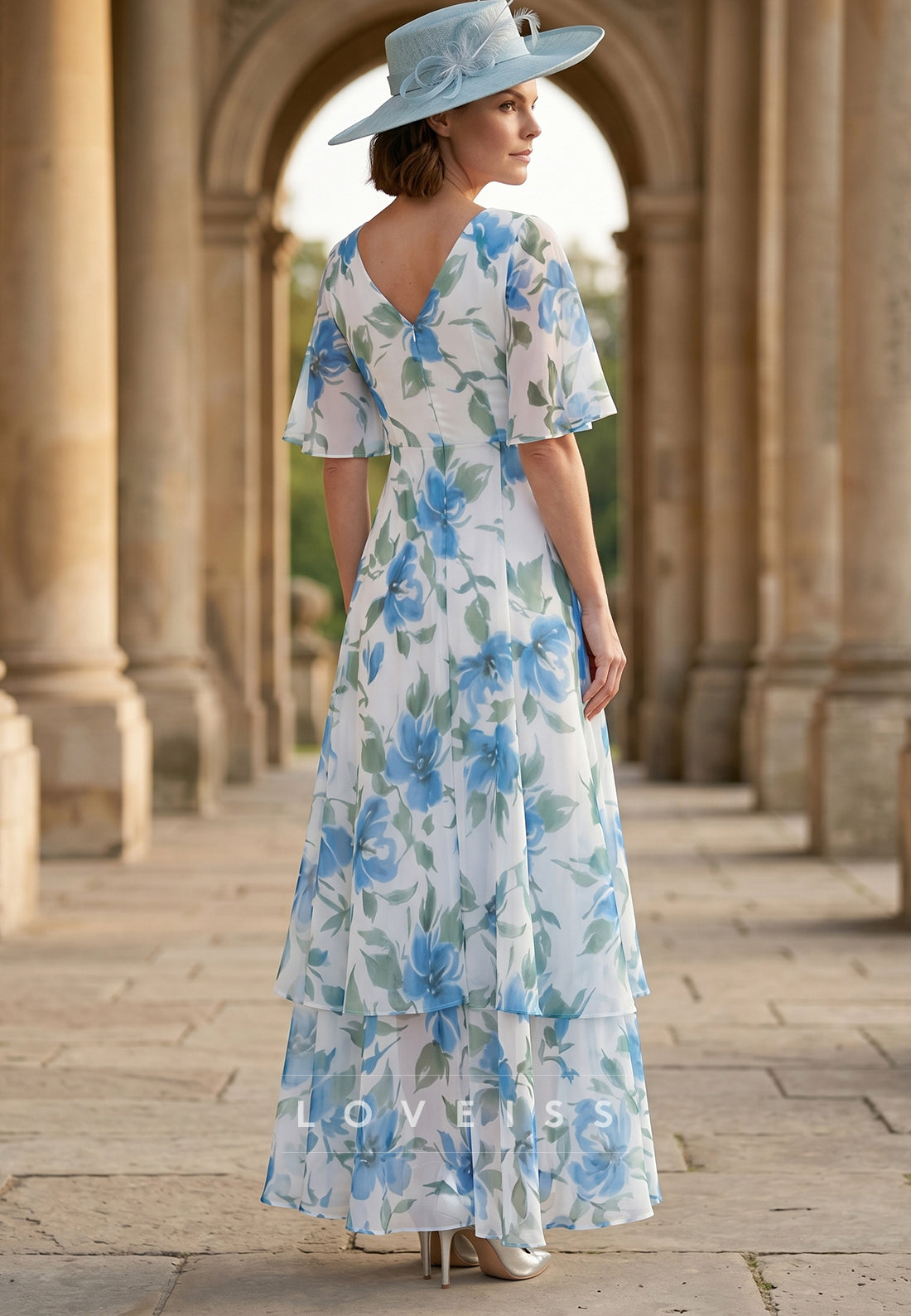 A-Line/Princess V-Neck Chiffon Mother of the Bride Dresses Short Sleeves Floral Tea-Length Ruched