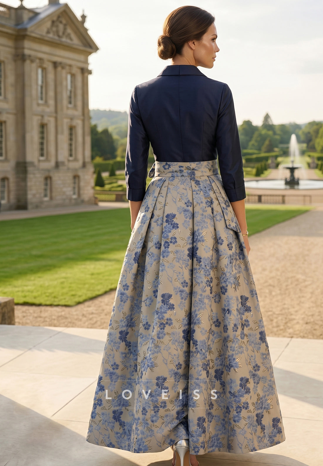Shirt Collar Jacquard Mother of the Bride Dresses Bowknot Floral 3/4 Sleeves Floor Length