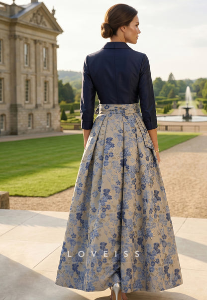 Shirt Collar Jacquard Mother of the Bride Dresses Bowknot Floral 3/4 Sleeves Floor Length