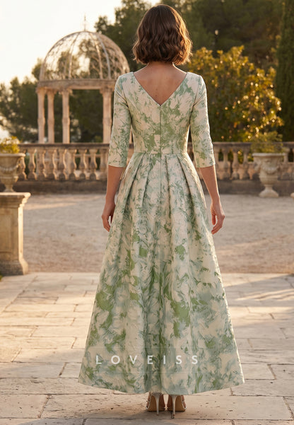 V-Neck Jacquard Mother of the Bride Dresses Ankle-Length 3/4 Sleeves Floral