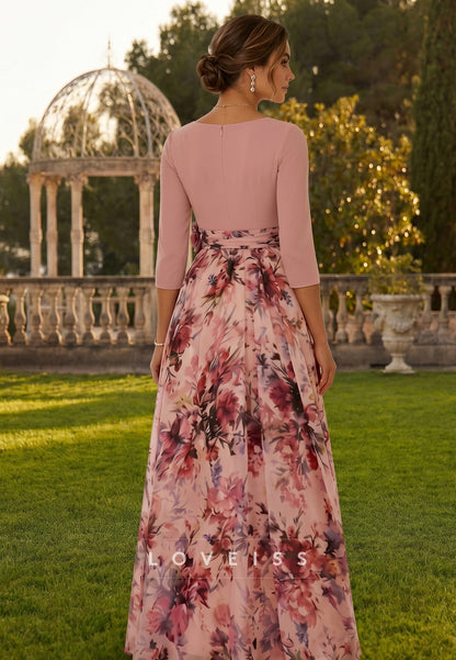 V-Neck Elastic Chiffon Mother of the Bride Dresses with 3D Flower Floral Ankle-Length 3/4 Sleeves