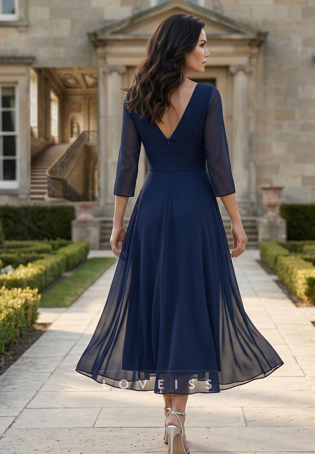 V-Neck Chiffon Mother of the Bride Dresses Tea-Length 3/4 Sleeves Lace Floral