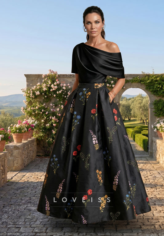 One-Shoulder Mother of the Bride Dresses Satin Floral Short Sleeves Ankle Length