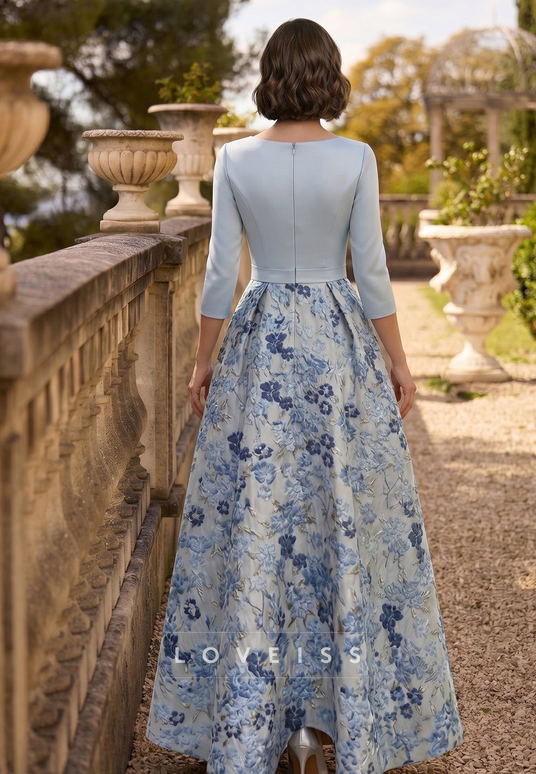 A-Line/Princess V-Neck Satin Mother of the Bride Dresses 3/4 Sleeves Floral Asymmetrical Floor-Length