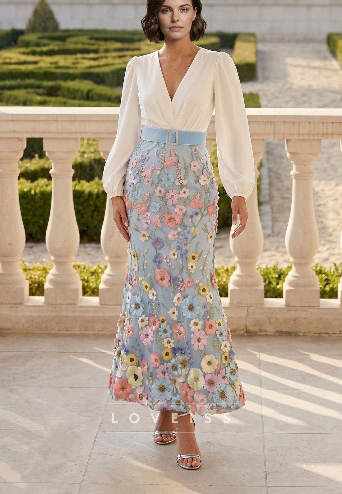 Trumpet/Mermaid V-Neck Taffeta Mother of the Bride Dresses Long Sleeves Ankle-Length Floral Belt