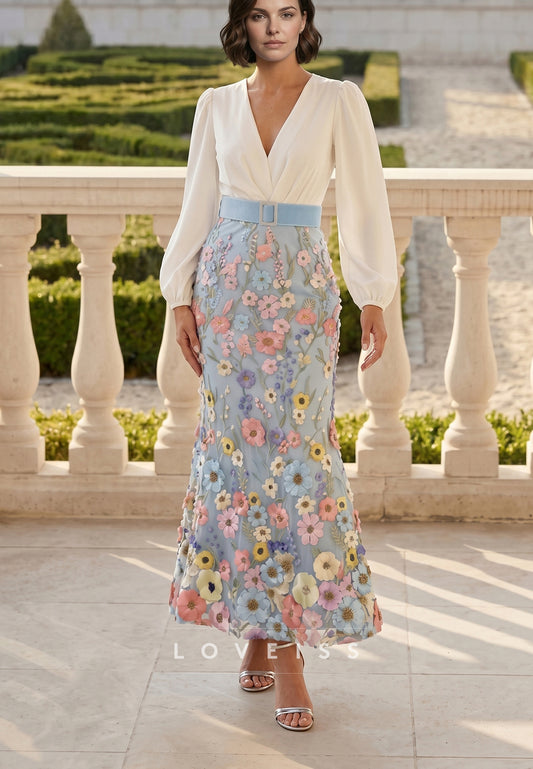 Trumpet/Mermaid V-Neck Taffeta Mother of the Bride Dresses Long Sleeves Ankle-Length Floral Belt