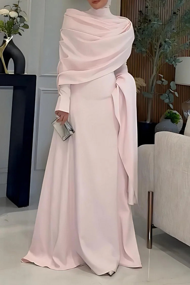 Pleated Draped Cape Long Train High Neck Long Sleeve Maxi Dresses-Pink
