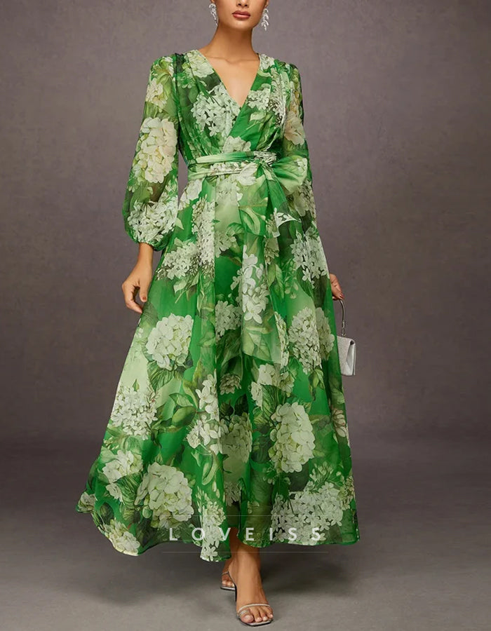 Deep V Neck Green Floral Long Sleeve Midi Dress