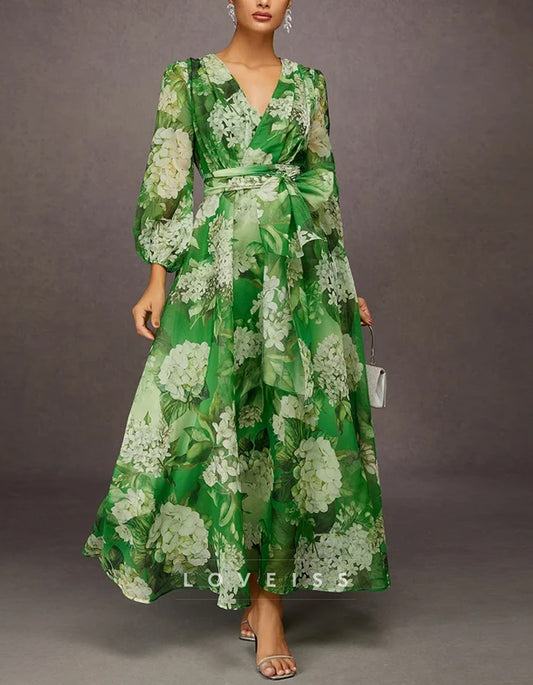 Deep V Neck Green Floral Long Sleeve Midi Dress