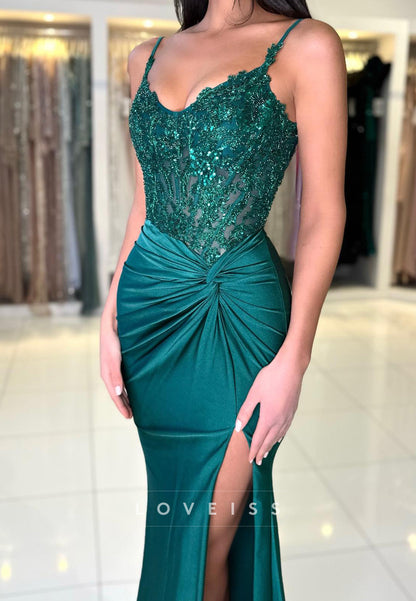 V-Neck Spaghetti Straps Appliques Sequins Ruched Mermaid Prom Dress