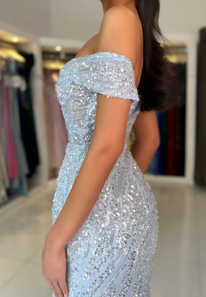 Off-Shoulder Sleeveless Side Slit Sequins Sparkly Mermaid Prom Dress