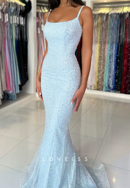 Scoop Spaghetti Straps Beaded Embroidery Sparkly Mermaid Prom Dress