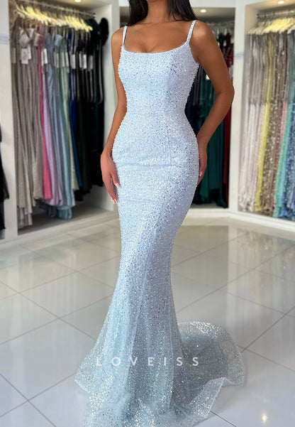 Scoop Spaghetti Straps Beaded Embroidery Sparkly Mermaid Prom Dress